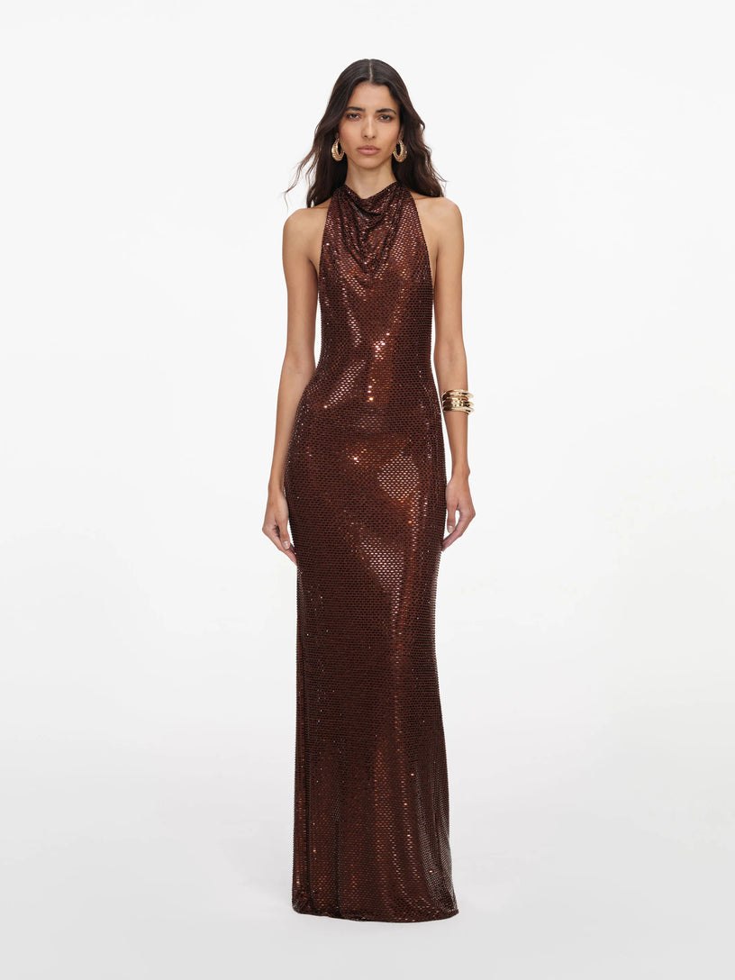 Abito lungo con strass e spalline incrociate sulla schiena
