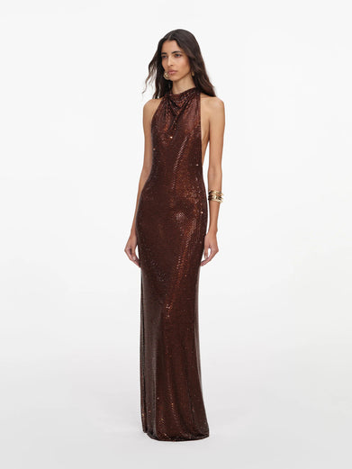 Abito lungo con strass e spalline incrociate sulla schiena