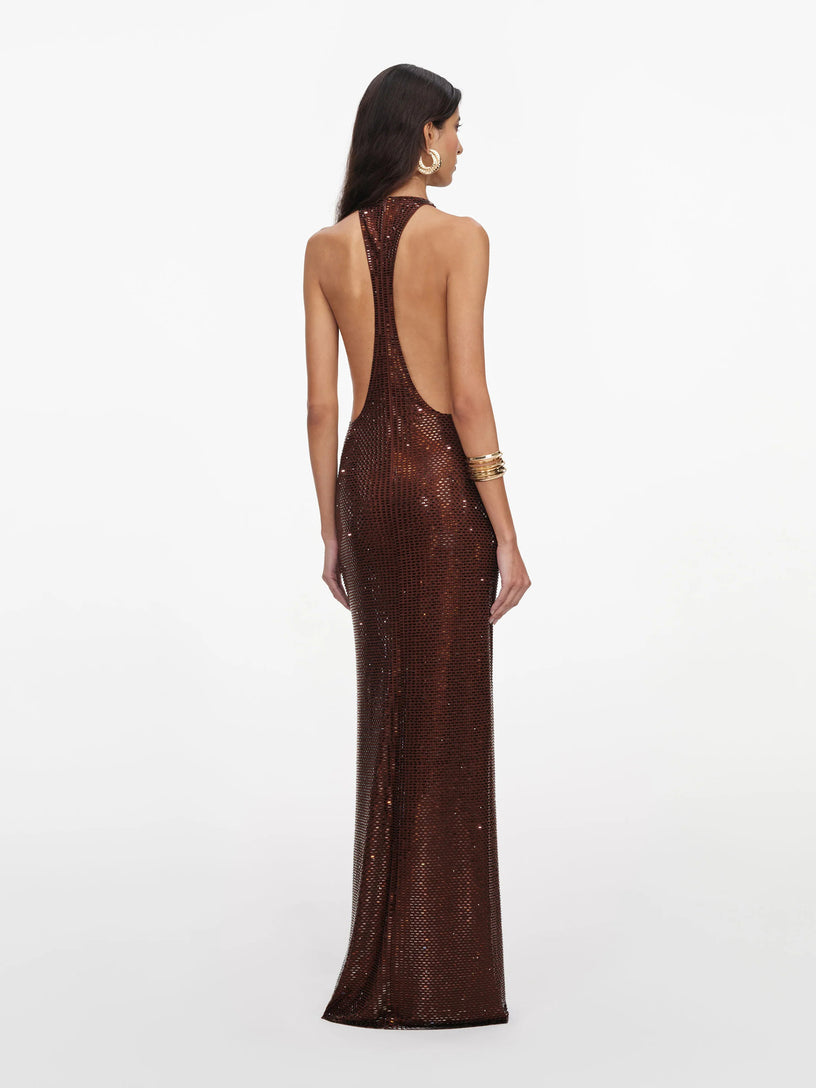 Abito lungo con strass e spalline incrociate sulla schiena