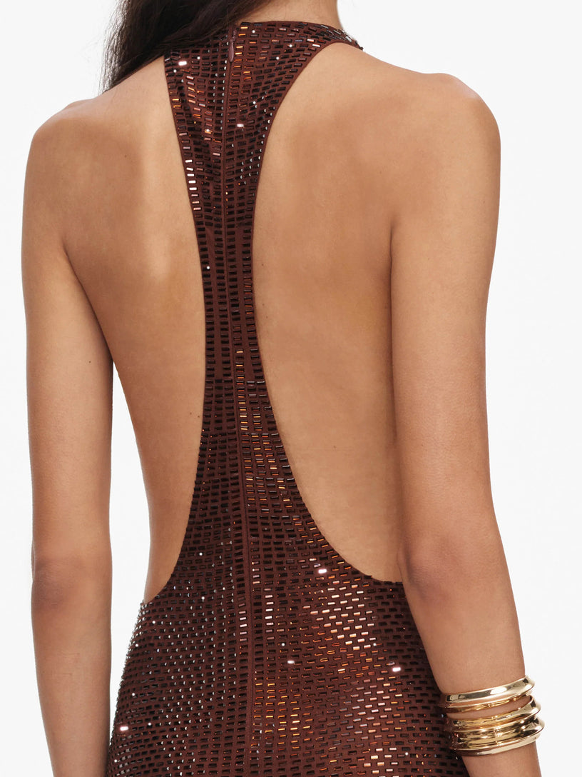 Abito lungo con strass e spalline incrociate sulla schiena