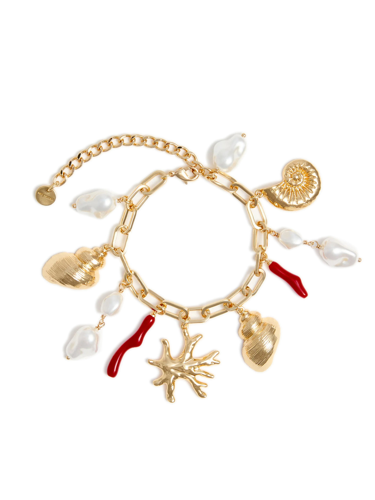 Bracciale con ciondoli in corallo dorato e perla