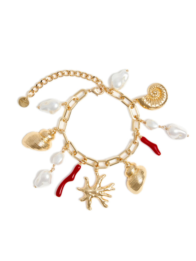 Bracciale con ciondoli in corallo dorato e perla