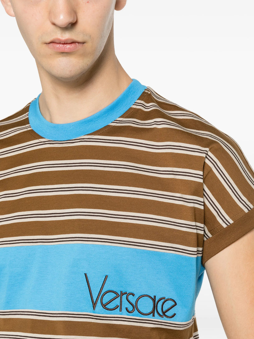 T-shirt in cotone a righe con intarsio