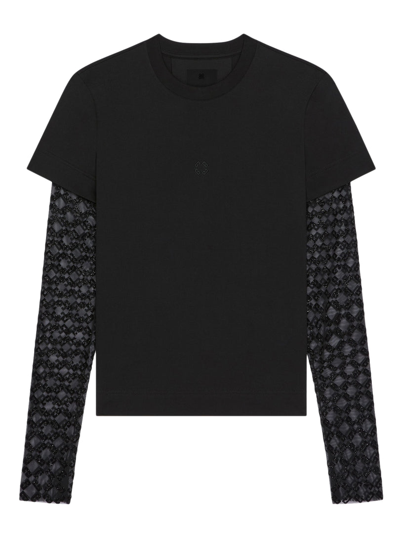 Slim fit T-shirt in cotton and tulle with overlapping effect