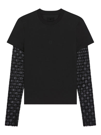 Slim fit T-shirt in cotton and tulle with overlapping effect