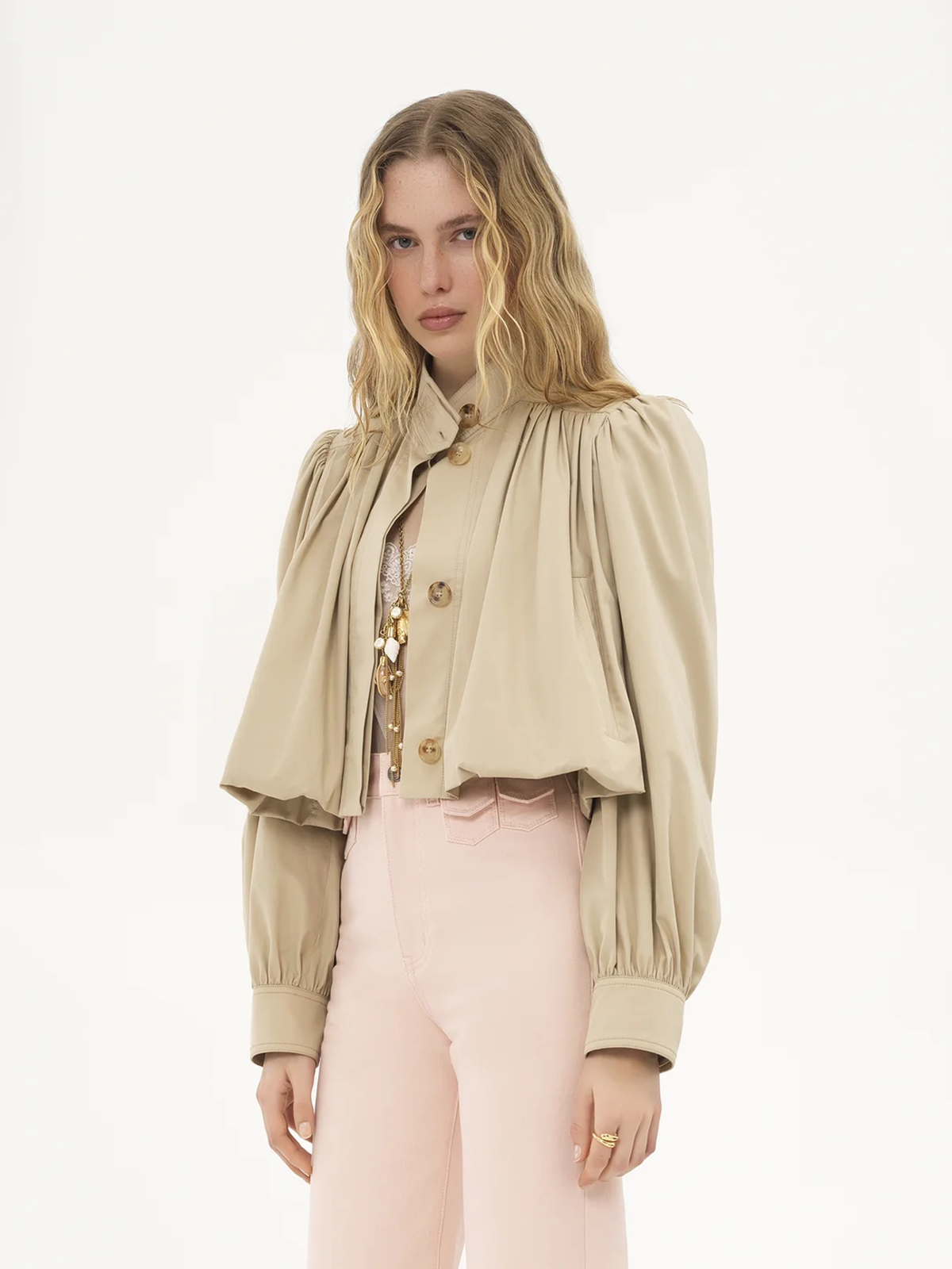 Cotton gabardine gathered boule jacket