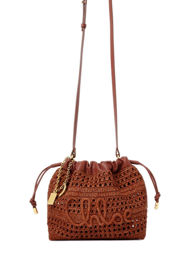 Mini Summer Banana drawstring shoulder bag in raffia