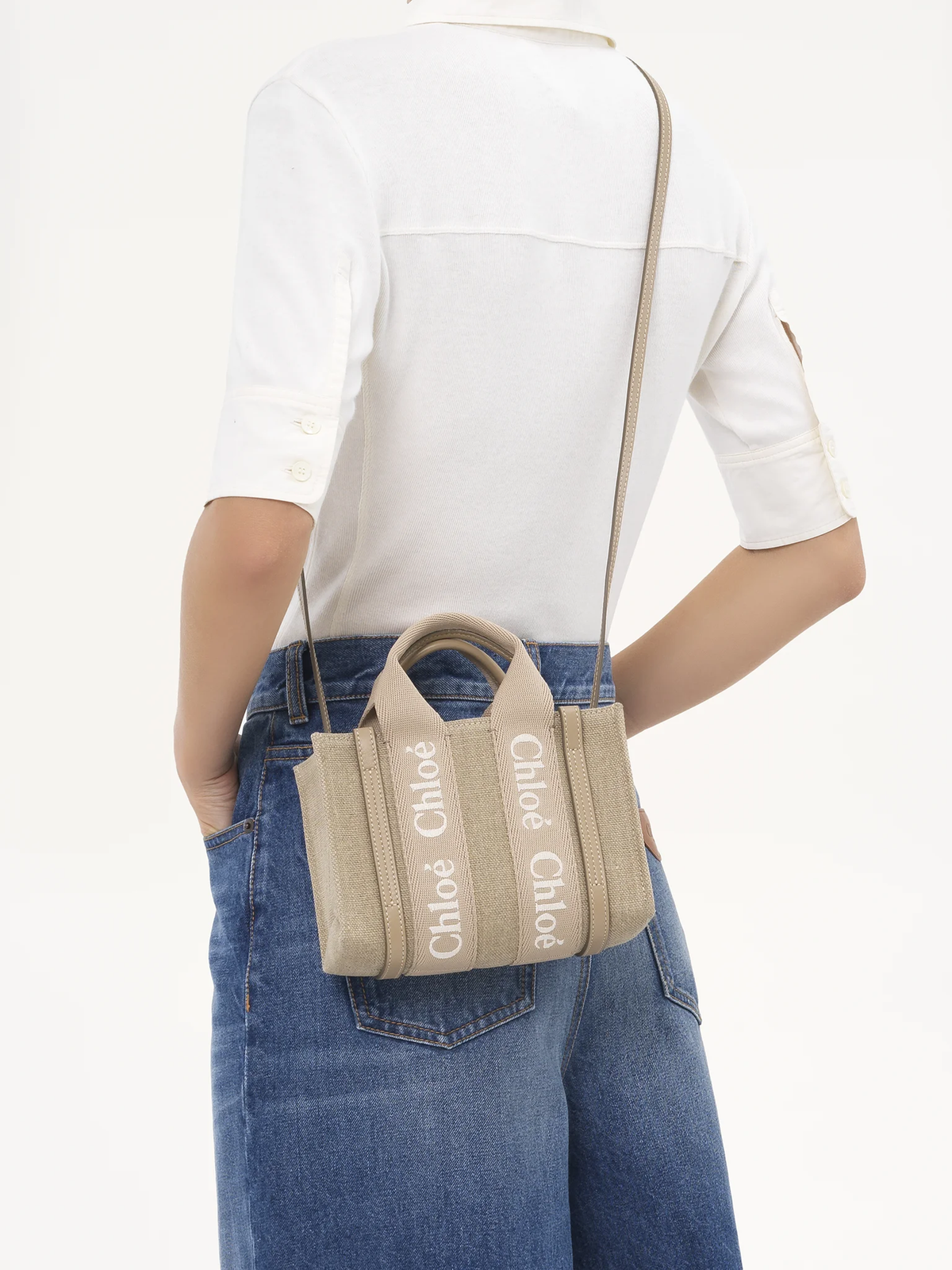 Mini Woody tote bag in linen and leather
