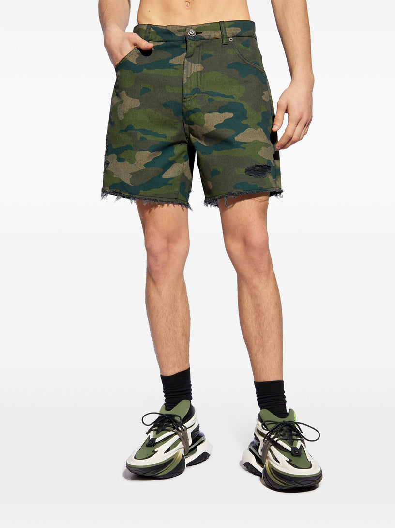 Camouflage denim shorts