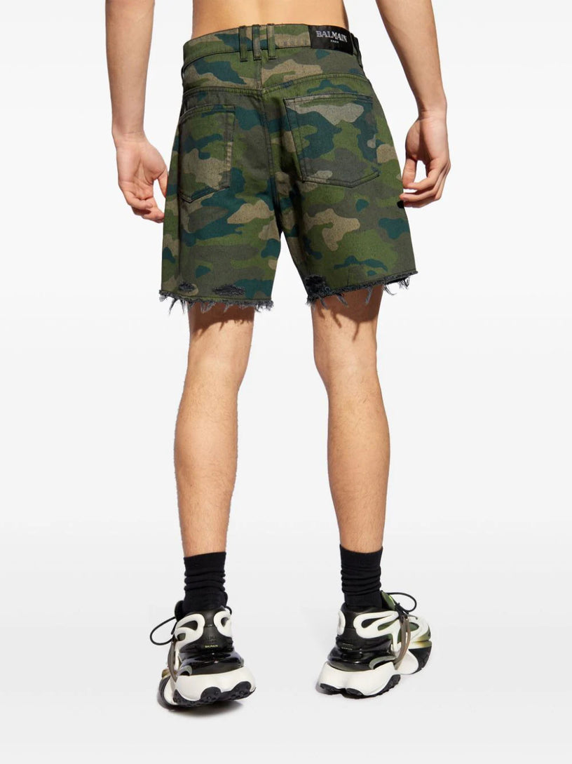 Camouflage denim shorts