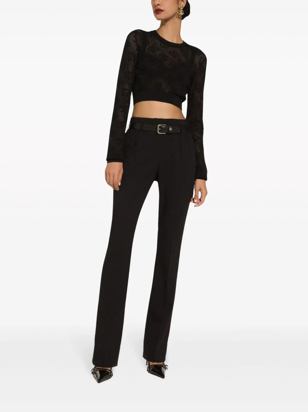 Maglia cropped in viscosa punto rete con logo DG jacquard all over