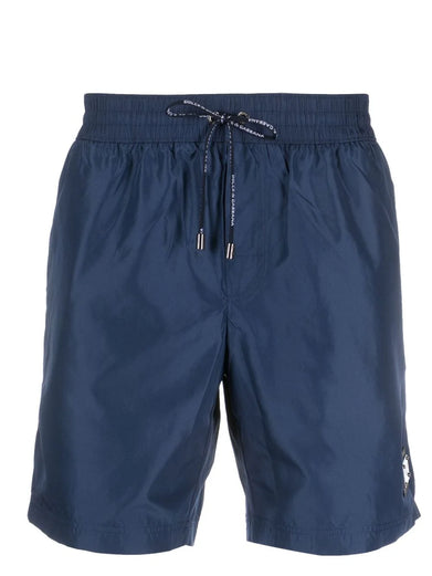 Mid-length swim trunks with branded plate