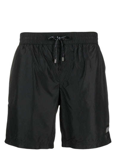 Mid-length swim trunks with branded plate
