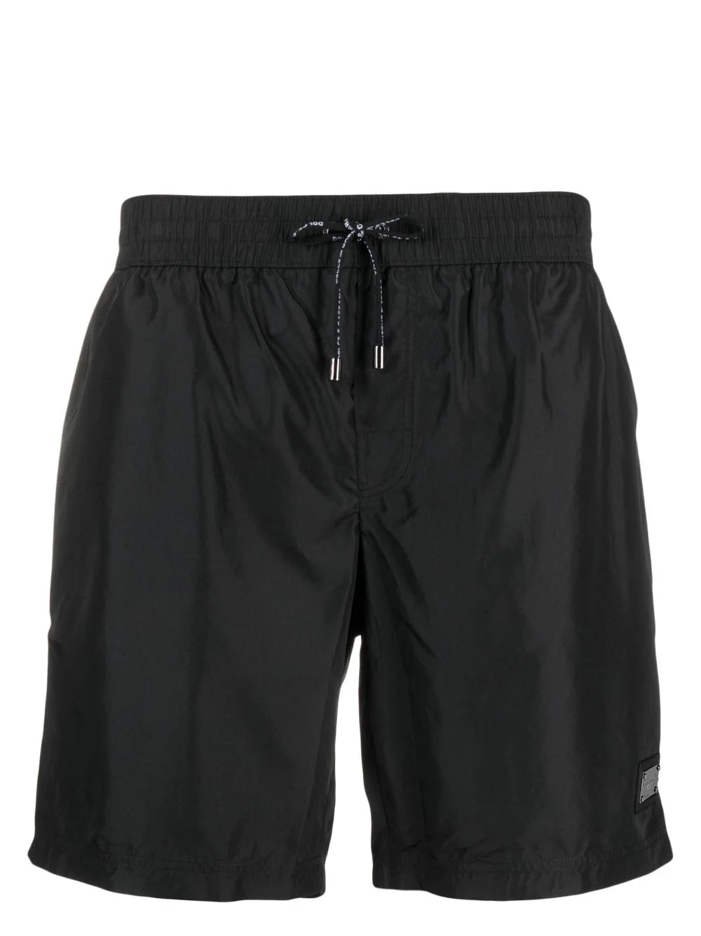 Mid-length swim trunks with branded plate