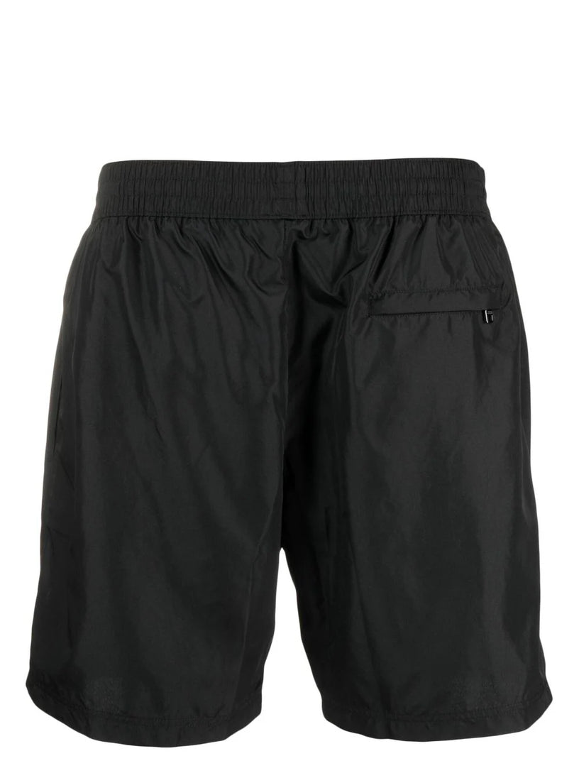 Mid-length swim trunks with branded plate