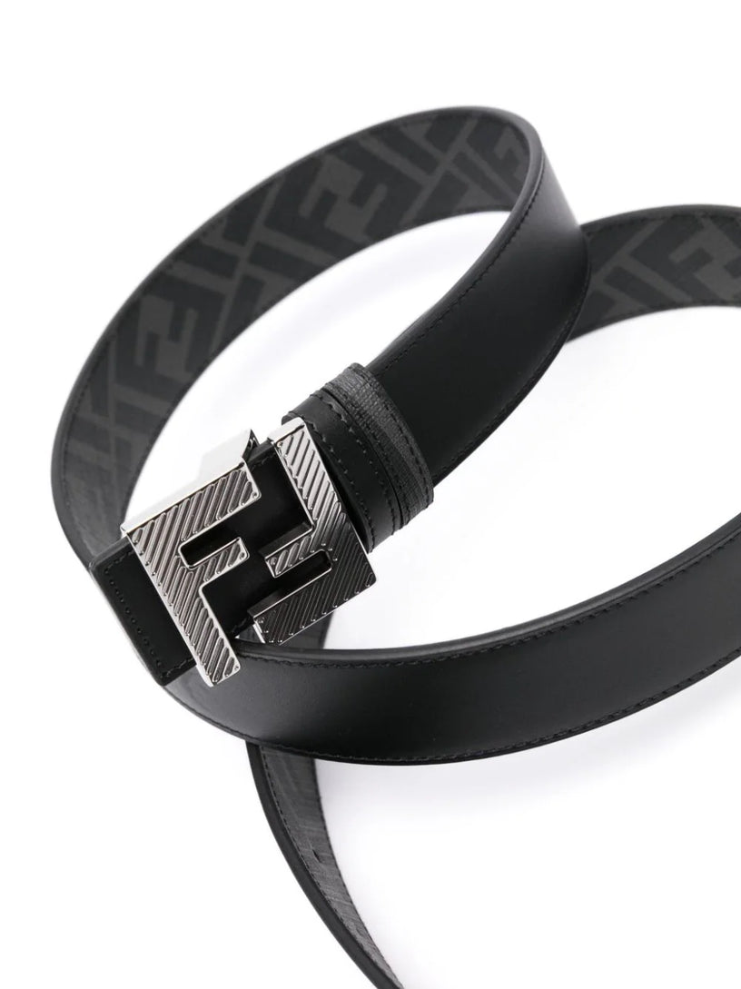 Reversible belt in black leather and black FF canvas