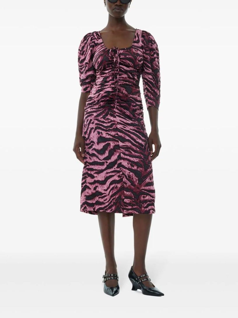ganni crinkled satin midi dress Ganni BLUE FLORAL CRINKLED SATIN LONG DRESS