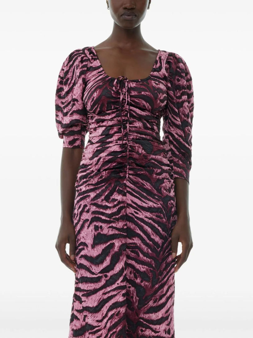 ganni pink zebra dress GANNI ZEBRA PRINT LINDALE CREPE PINK BLACK WRAP MIDI DRESS*