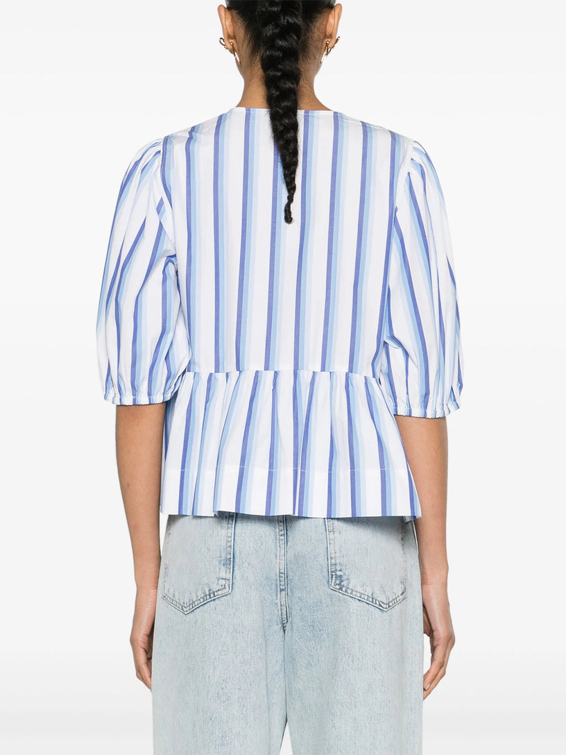 Blue Striped Cotton Poplin Peplum Tie Blouse