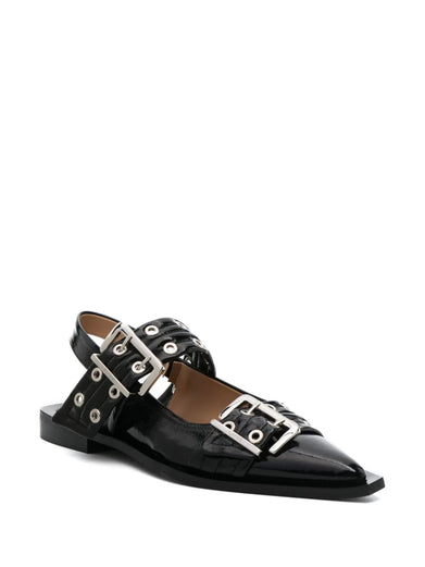 Black wide welt buckle ballerinas