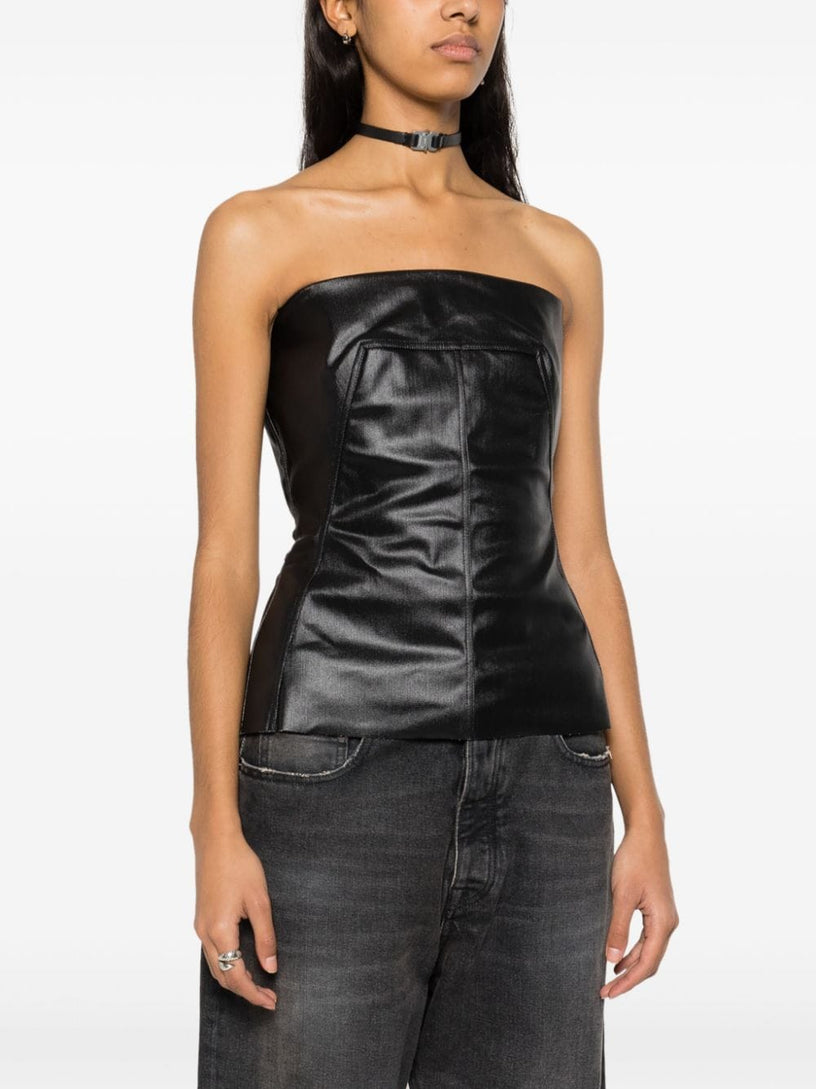 Lido bustier top in gun metal coated stretch denim