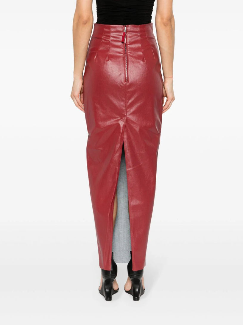 Dirt pillar in cardinal red coated stretch denim