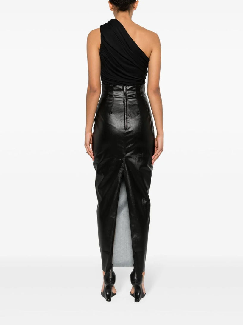 Dirt pillar in blackl coated stretch denim