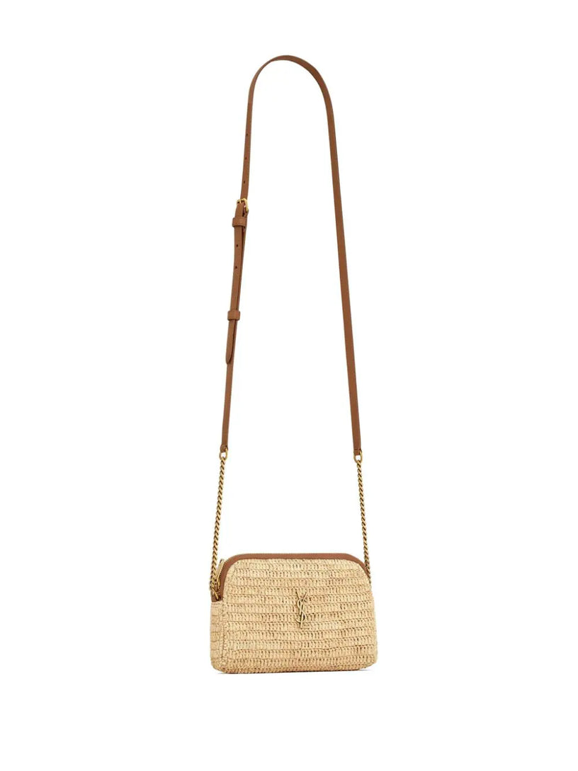 Gaby zip clutch bag in raffia and vegetable tanned leather