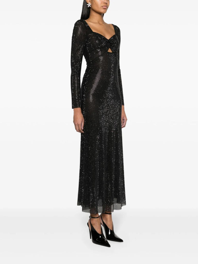 Black rhinestone mesh sweetheart midi dress