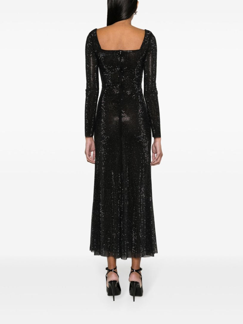Black rhinestone mesh sweetheart midi dress