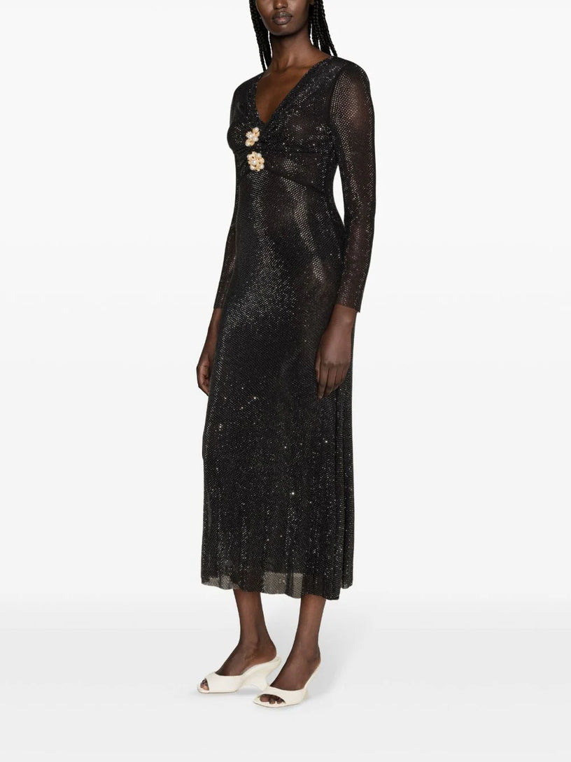 Black rhinestone mesh v-neck midi dress
