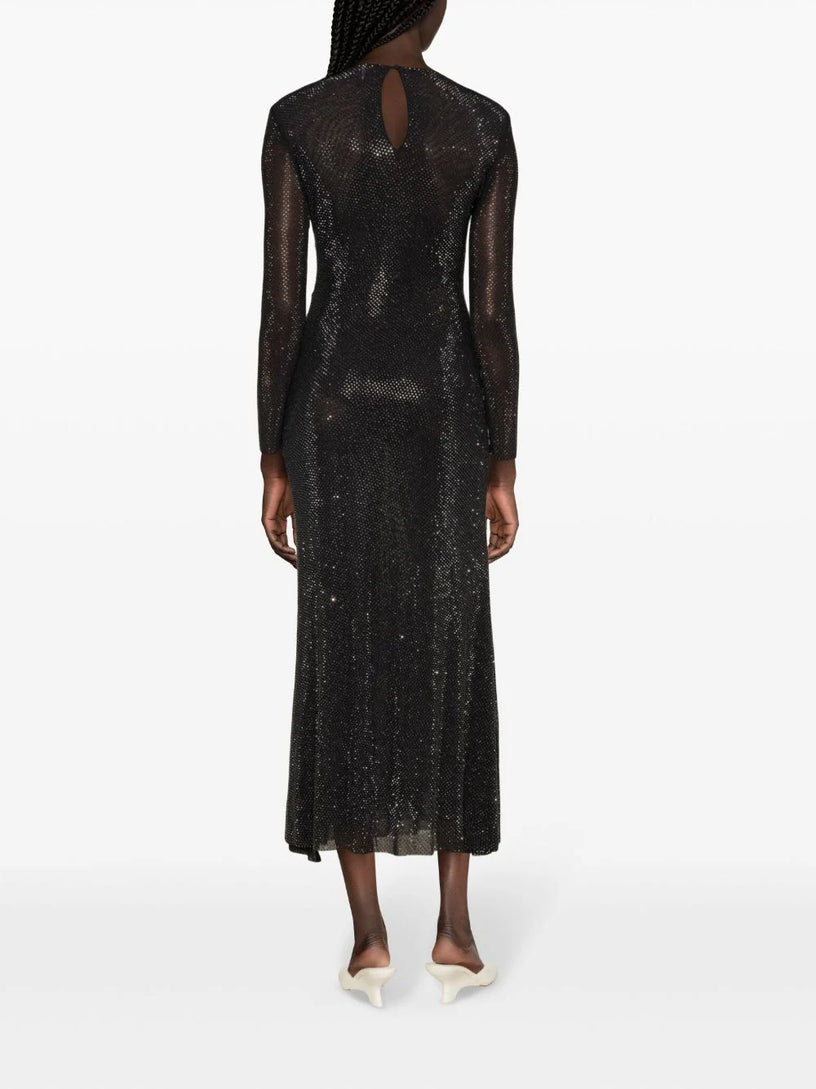 Black rhinestone mesh v-neck midi dress