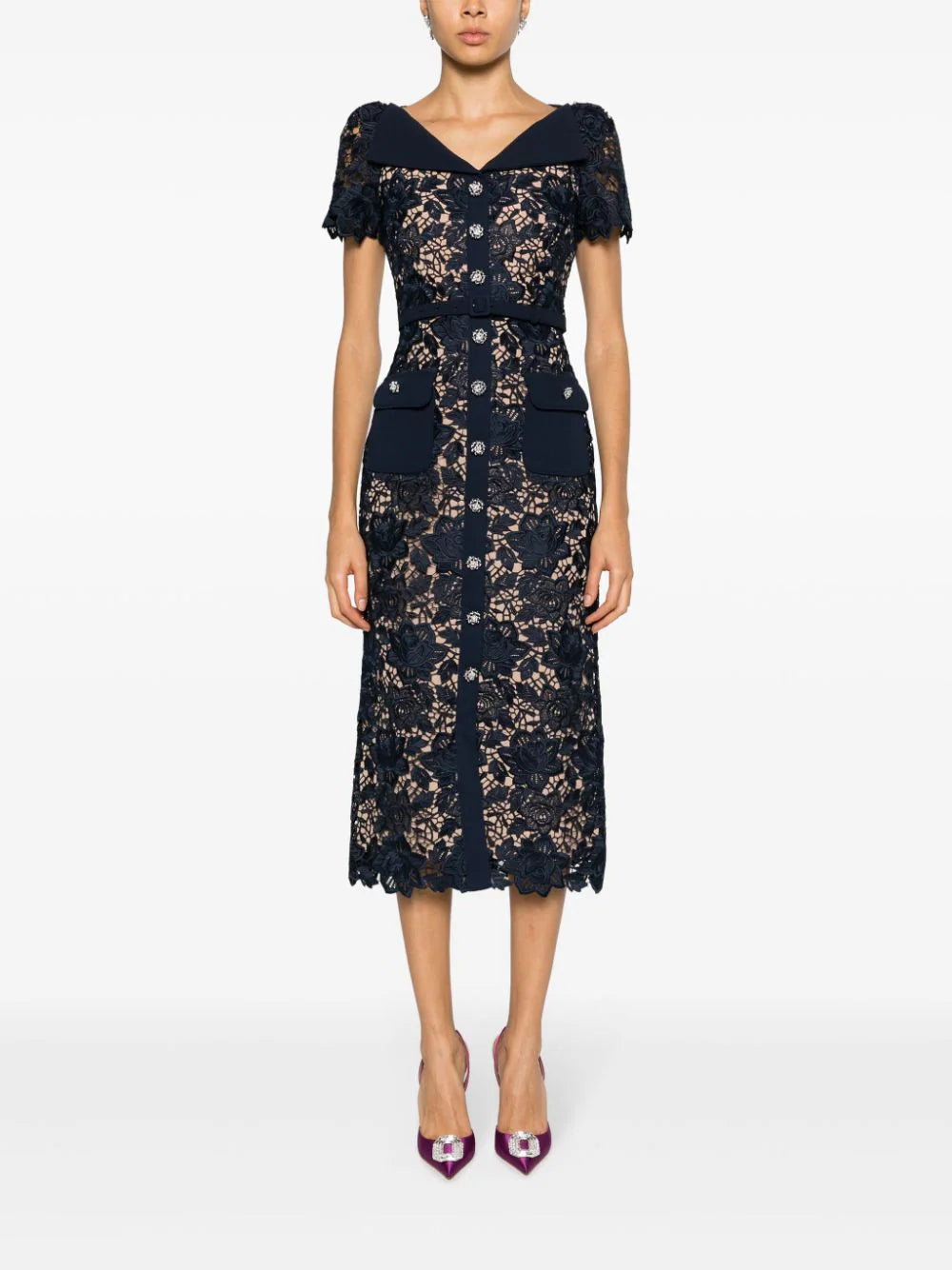 Navy lace open neck midi dress