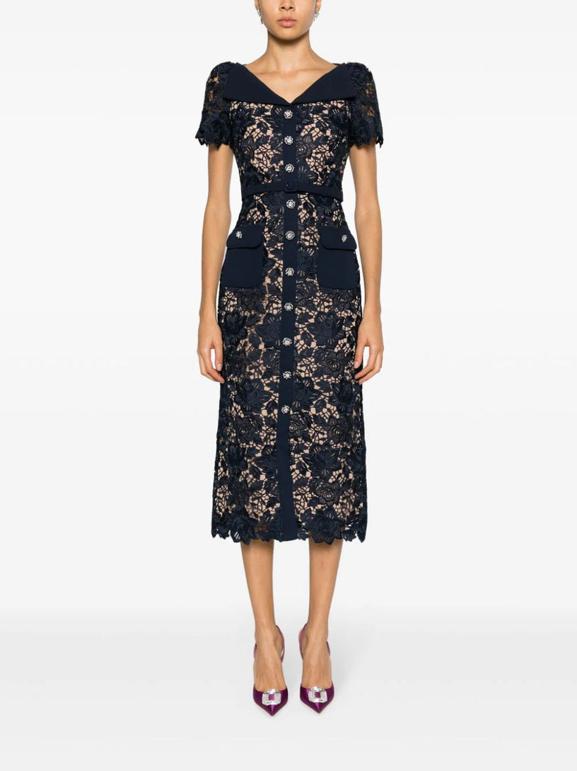 Navy lace open neck midi dress