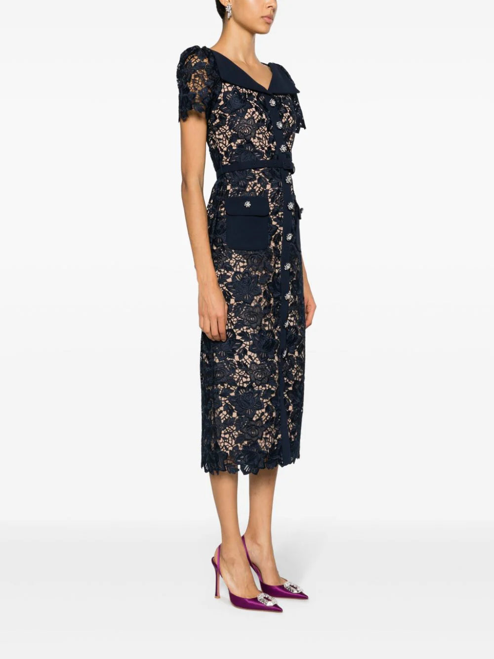 Navy lace open neck midi dress