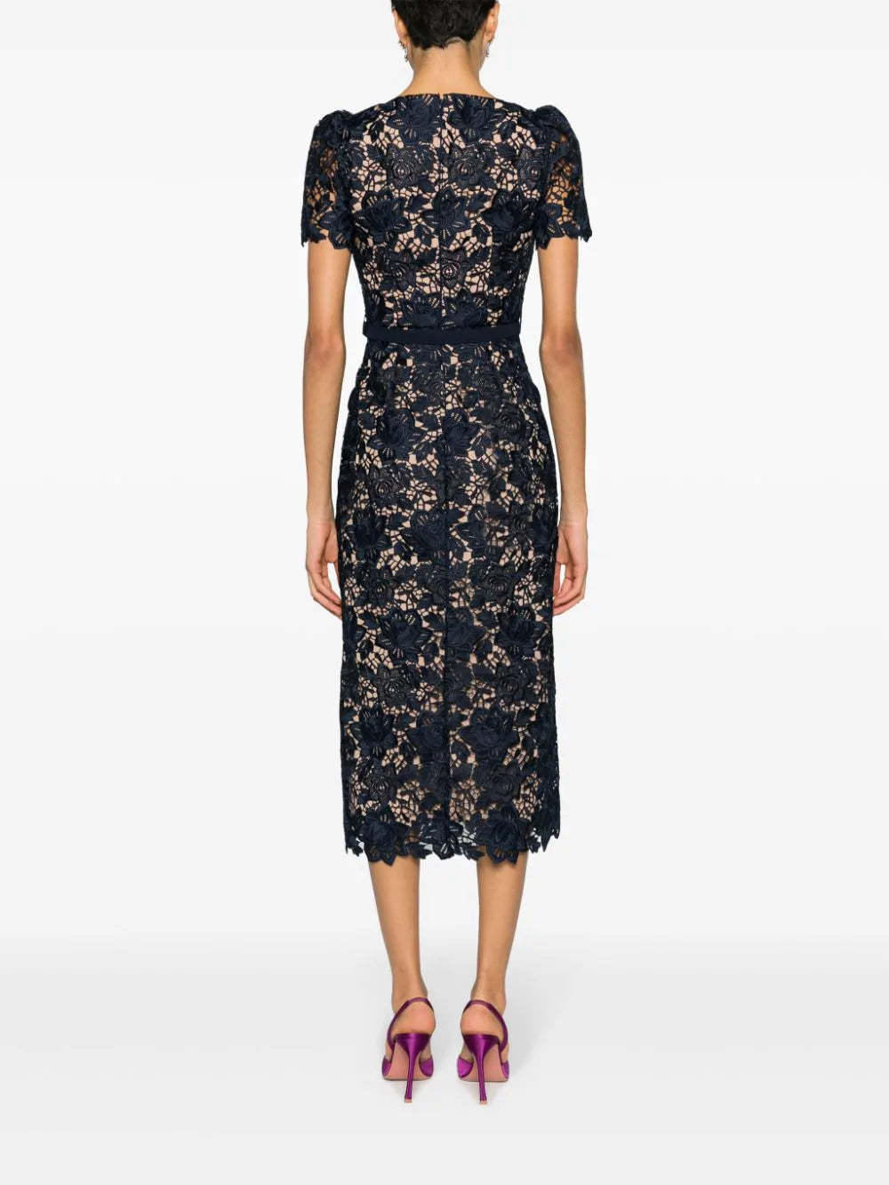 Navy lace open neck midi dress