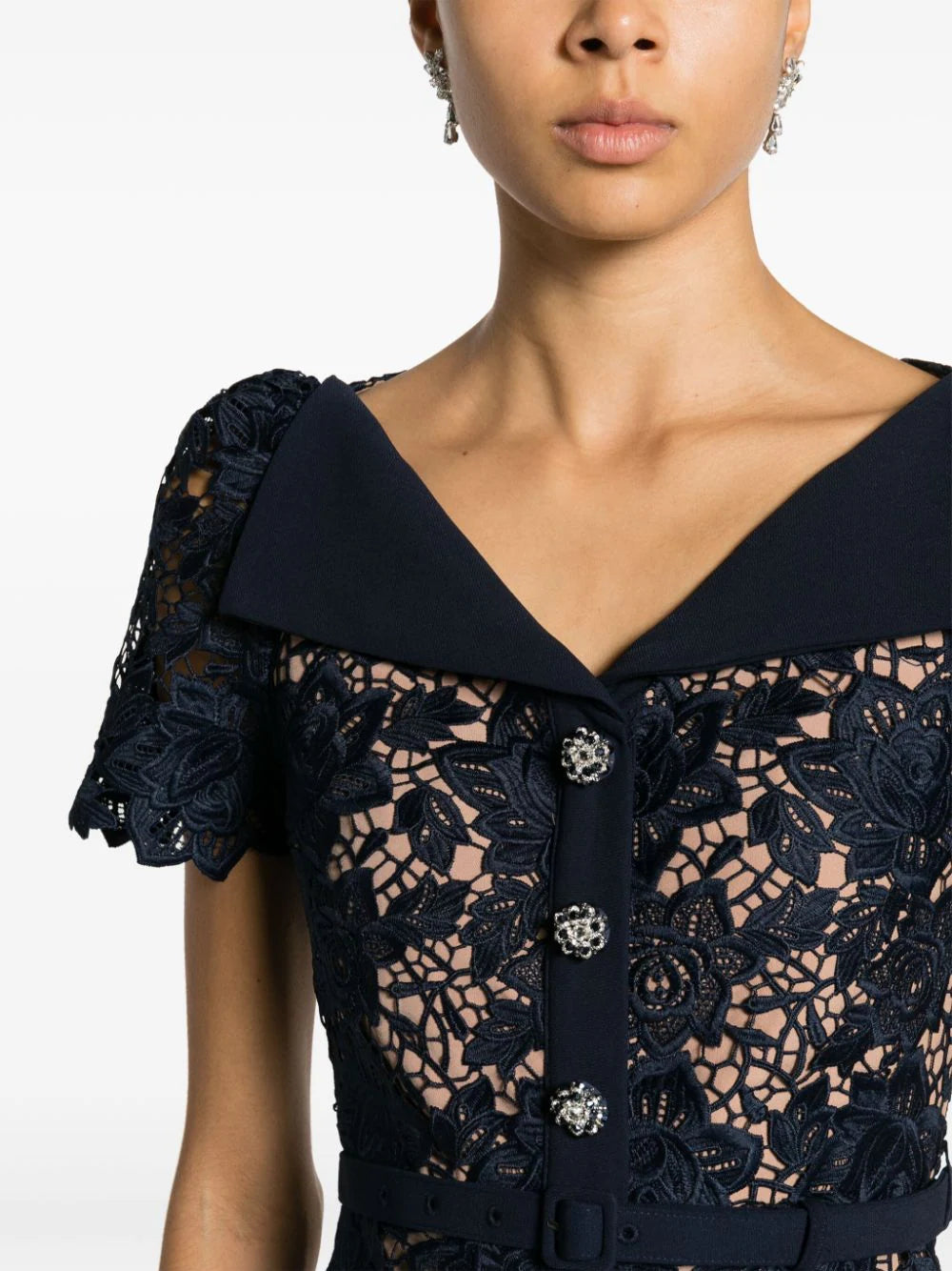 Navy lace open neck midi dress