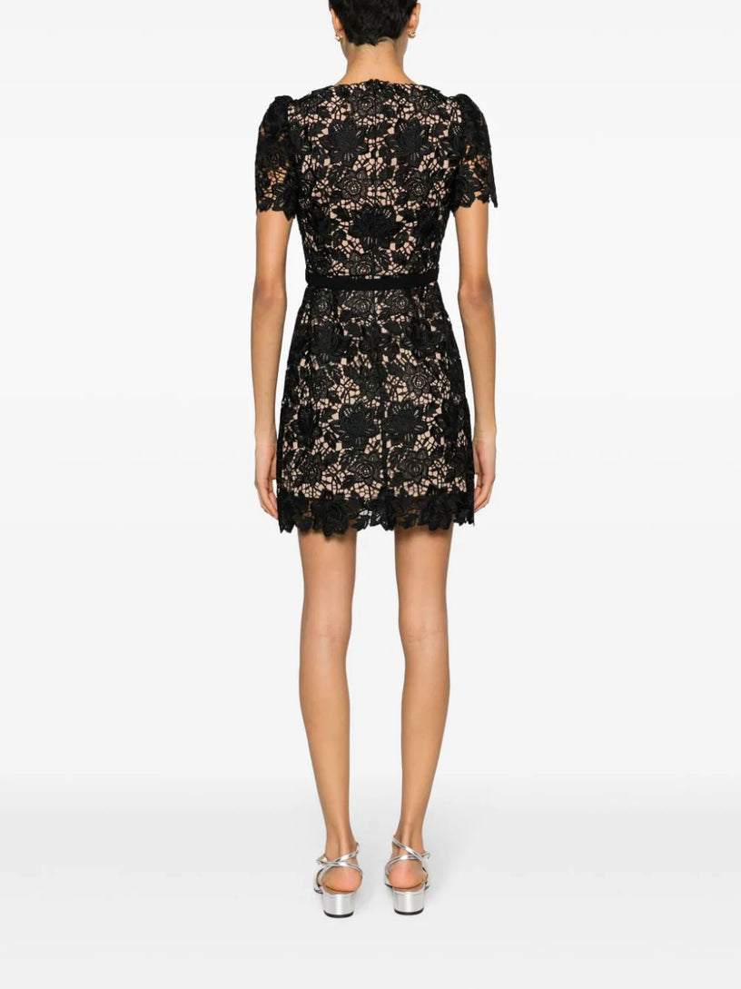 Black lace open neck mini dress