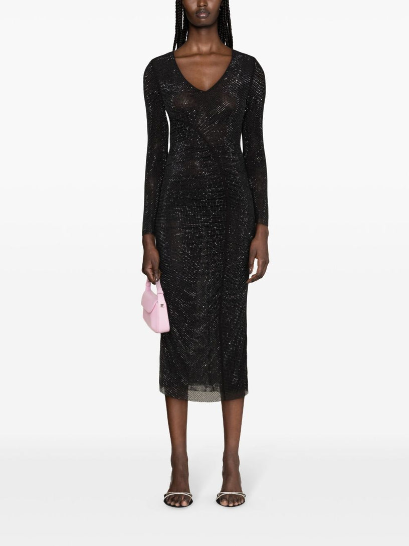 Black rhinestone gathered midi dress