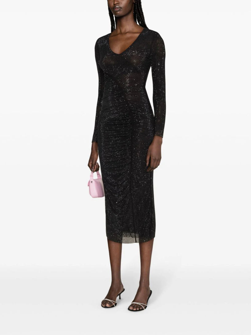 Black rhinestone gathered midi dress