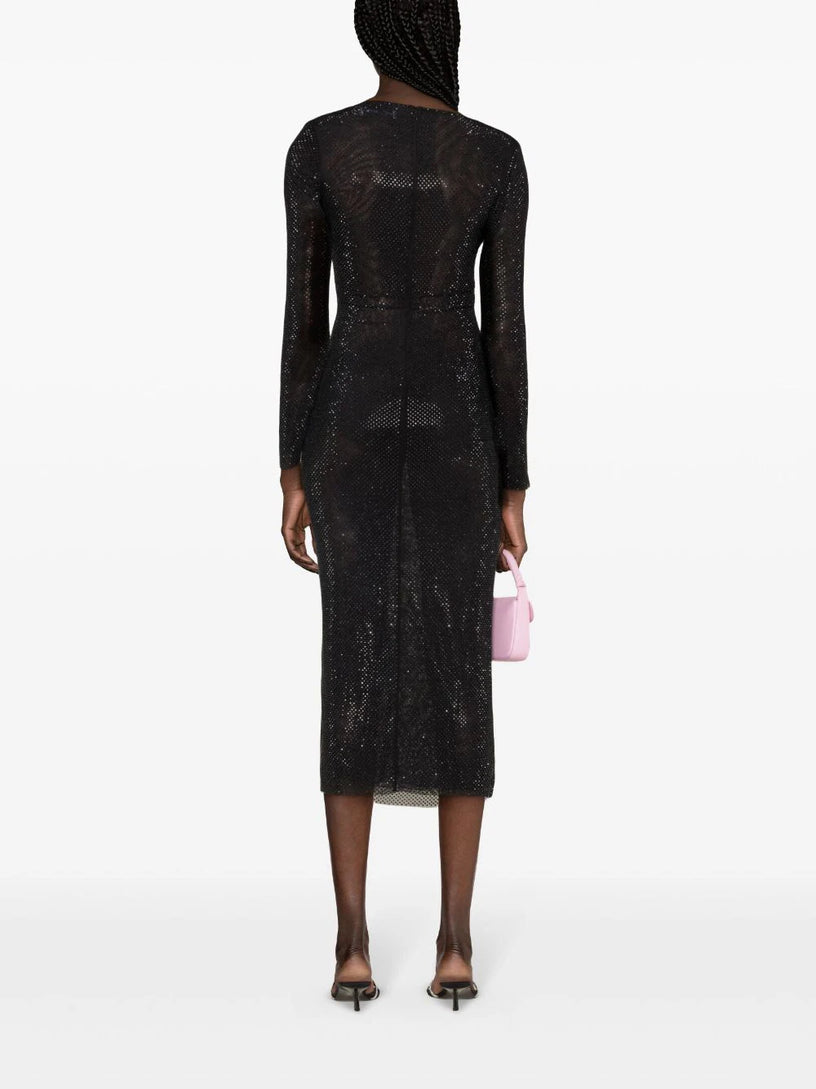 Black rhinestone gathered midi dress