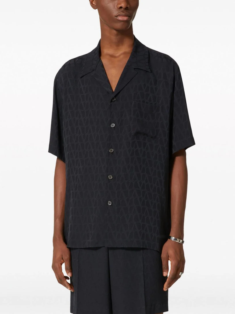 Bowling shirt in silk with Toile Iconographe motif