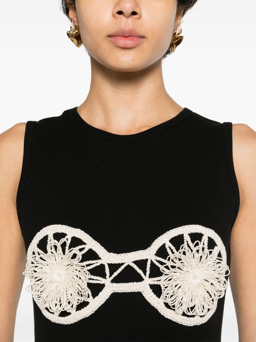 Floral-appliqué ribbed dress