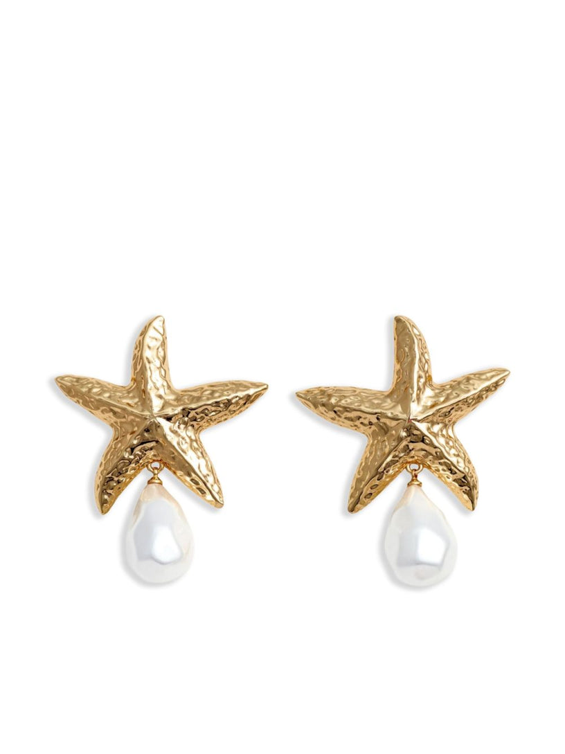 Pearl earrings with starfish in speckled gold