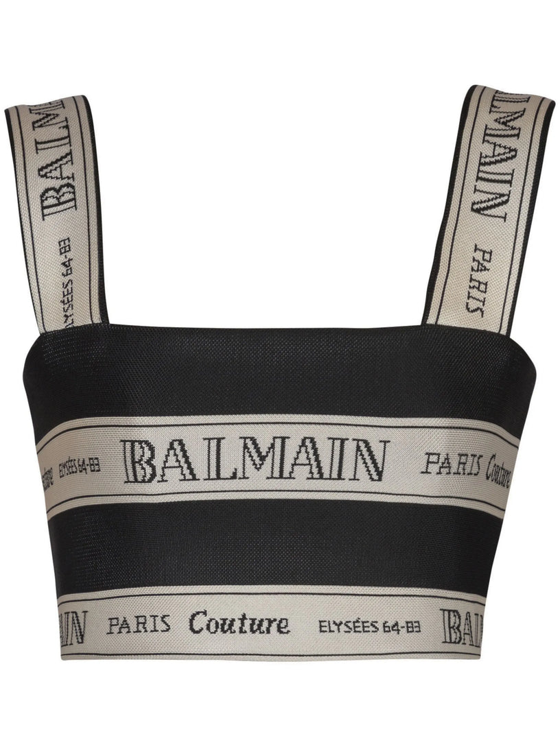 Cropped top in jacquard with Balmain ribbon motif