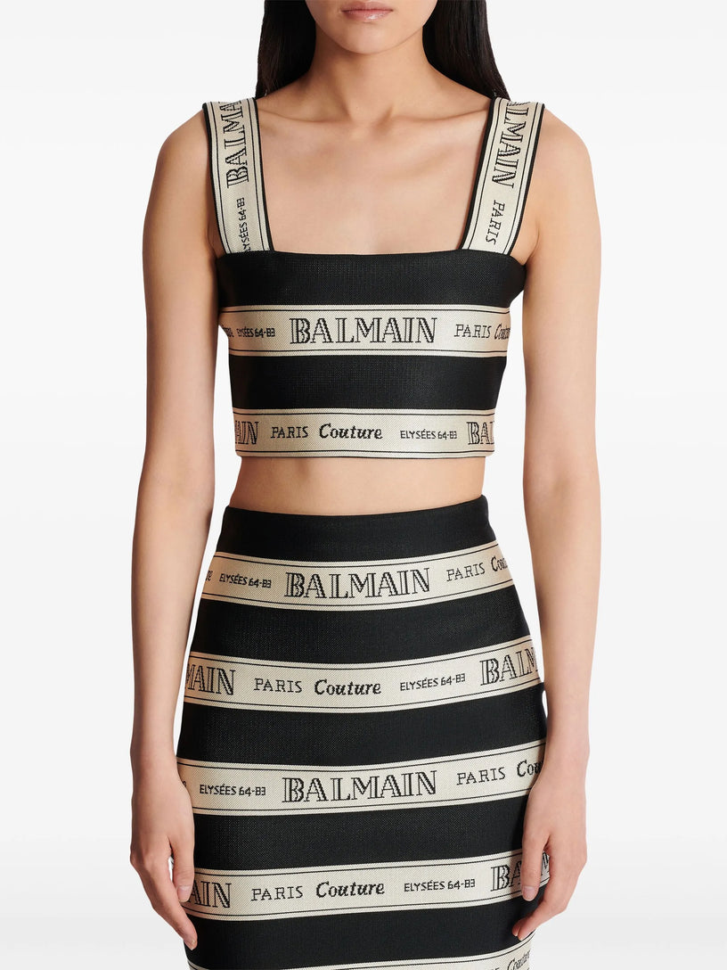 Cropped top in jacquard with Balmain ribbon motif