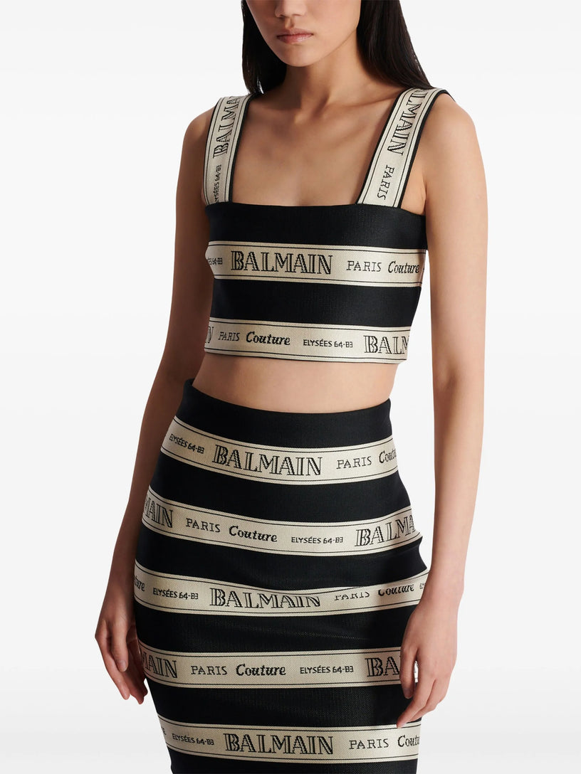 Cropped top in jacquard with Balmain ribbon motif