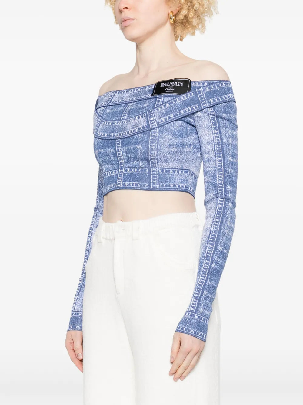 Top with denim effect print