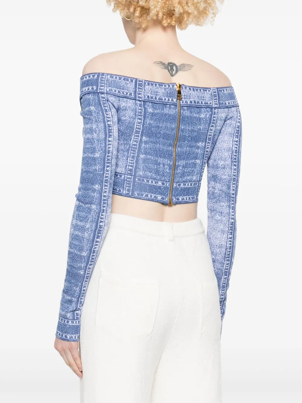 Top with denim effect print
