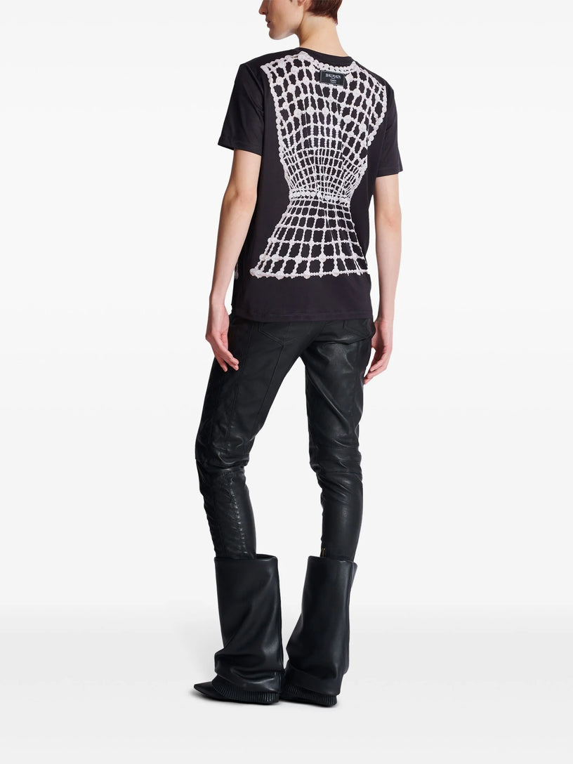 Flowing T-shirt with trompe-l'œil print and embroidery